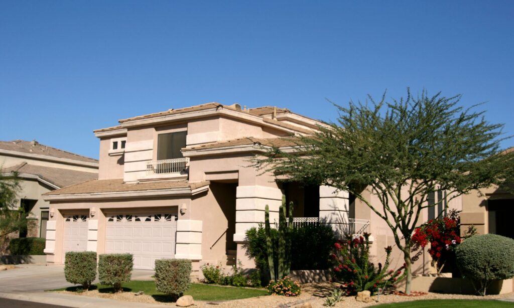 Modern stucco house with desert landscaping, featuring a cactus, flowering bushes, and a tree in the front yard showing great curb appeal