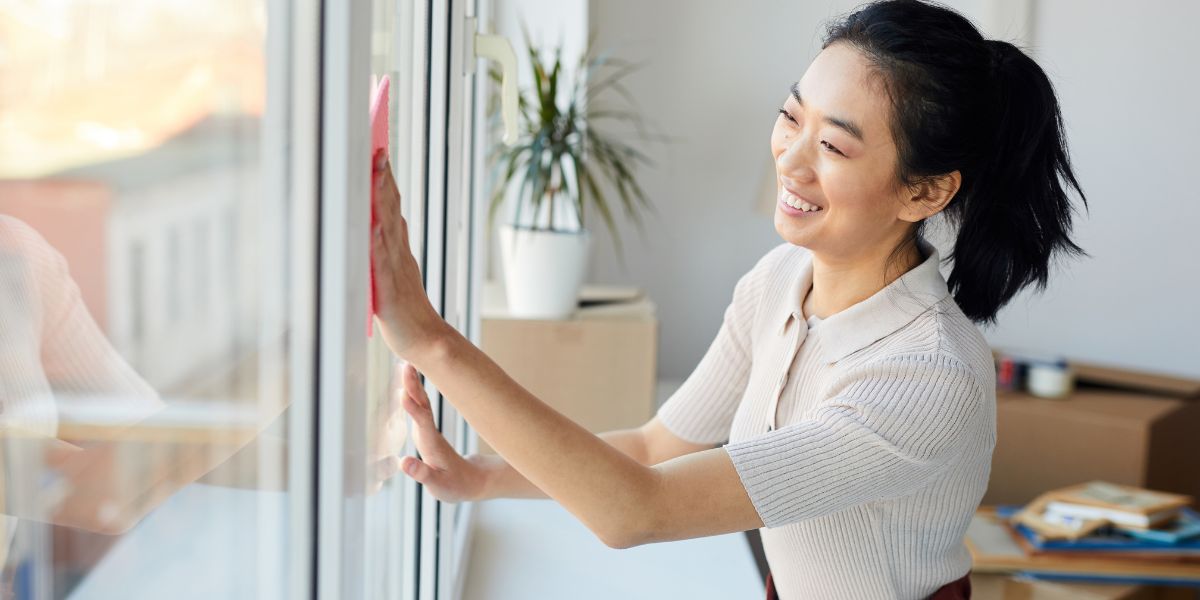 Smiling woman cleaning a window with a pink cloth in a brightly lit room.